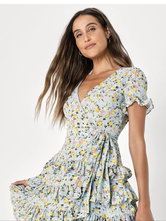 Lulus Dresses & Skirts - Lulus Feeling Butterflies Light Blue Floral Tiered Ruffle Mini Dress - Size XS